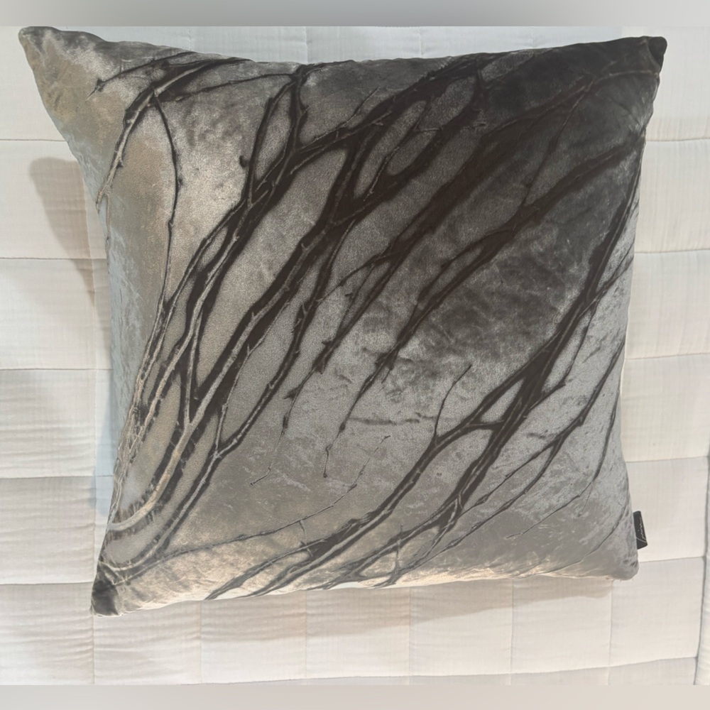 Aviva Stanoff Gray and Black Velvet Accent Pillow with Artistic Design